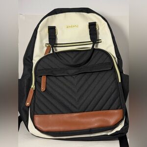 Vankany Stylish Quilted Backpack Black & Cream w/ Brown Leather Accents